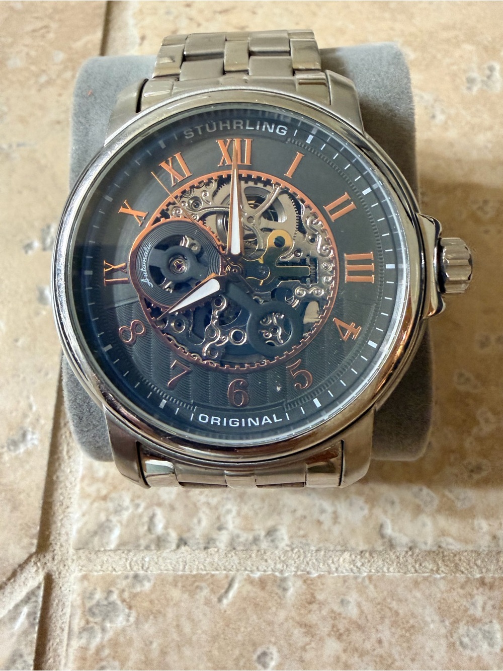 Stuhrling Original Men's automatic Skeleton Watch in Black and Rose Gold